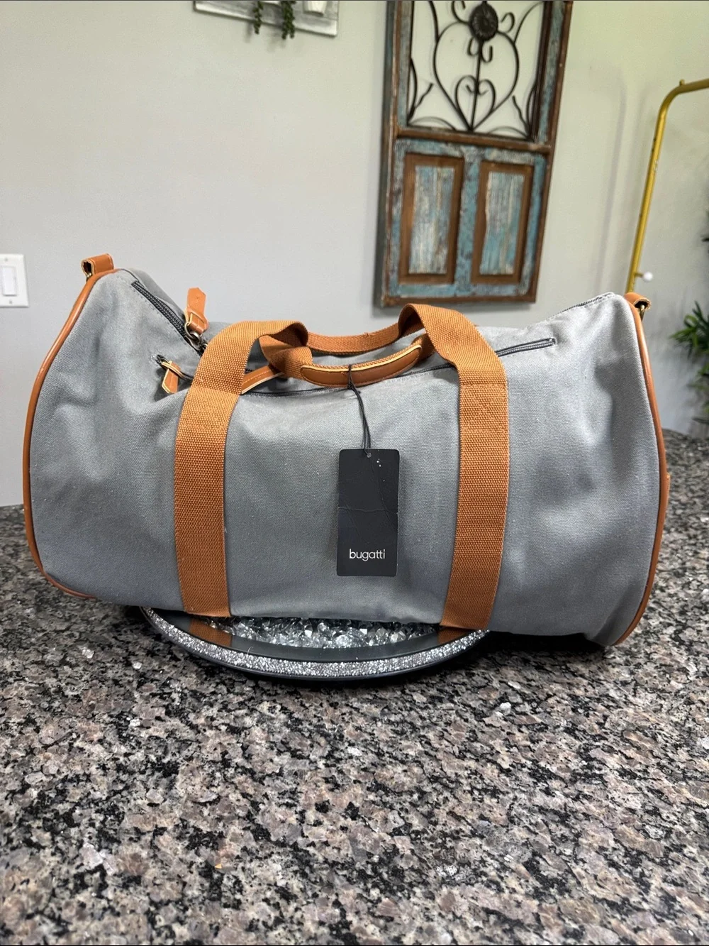 Bugatti Gray heavy canvas Duffel Bag with Tan Straps and shoulder strap NEW